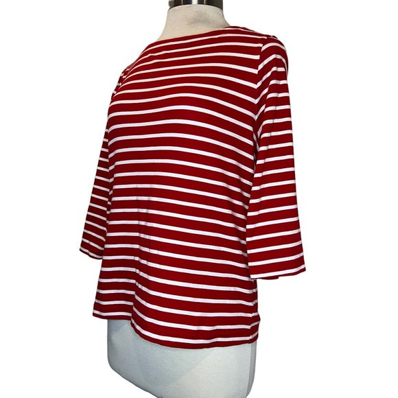 Croft & Burrow Women's Medium Top Red and White Stripes 3/4 Sleeves Round Neck - Picture 2 of 10